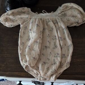 Wild Wawa Floral Baby Romper with Puff Sleeves Lavender Flowers Eyelet Collar